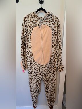 Adult Funziez Leopard Print Hooded Onesie Pajamas with Pink Paw Accents
